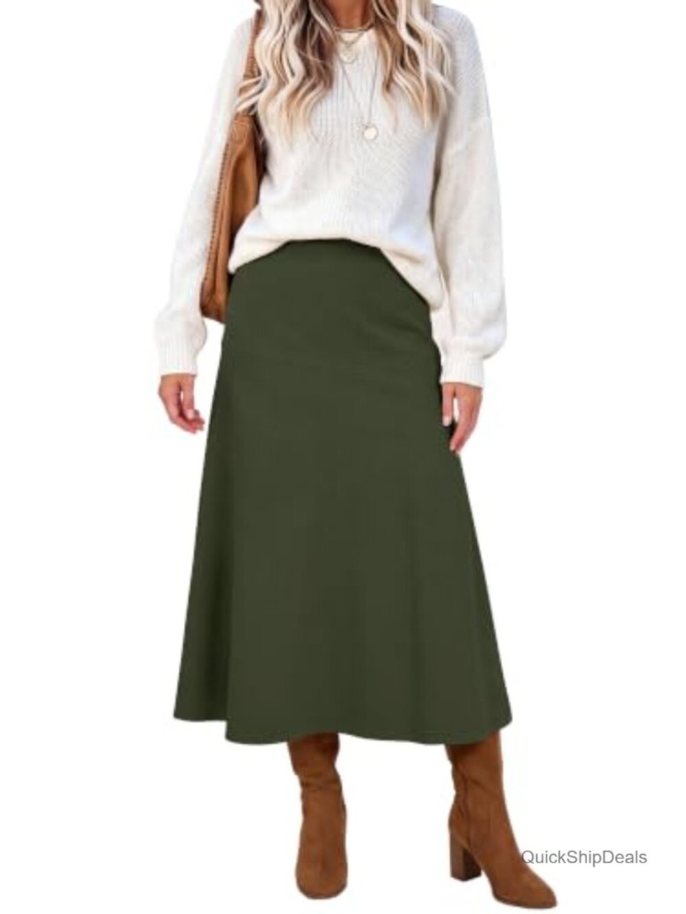 A Line High Waist Midi Skirt with Flowy Flare, Knit Polyester Blend, Fall Winter
